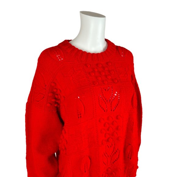 Vintage 80s Oversize Sweater Red Tulips Pom Pom's Acrylic Pullover - Picture 4 of 8
